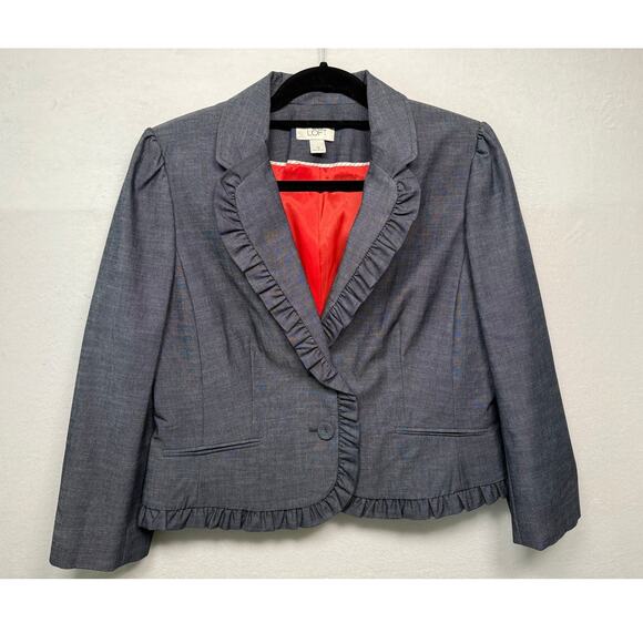 Anne Taylor Loft Chambray Blue Ruffle Blazer, Size 10 Office Career - Picture 1 of 5